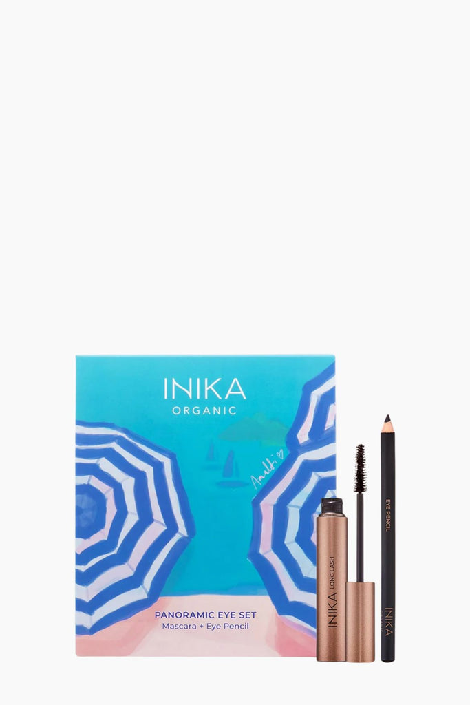 INika Organic cosmetic set with mascara, eyeliner, and other products on a white background
