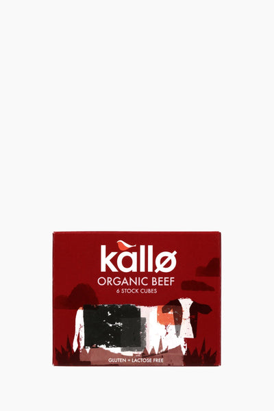 Box of Kallo organic beef stock cubes on a white background