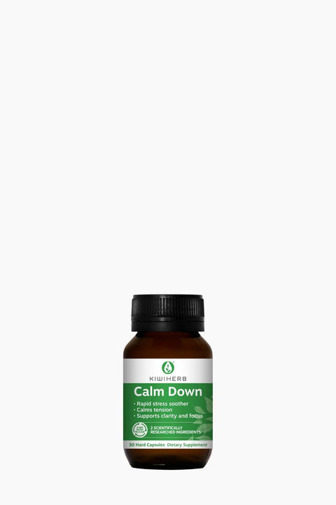 Supplement bottle labeled 'Calm Down' on a white background