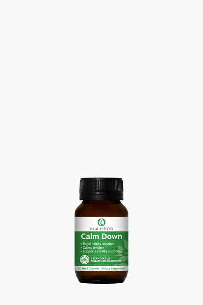 Supplement bottle labeled 'Calm Down' on a white background
