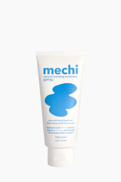 Tube of mechi sunscreen on a white background