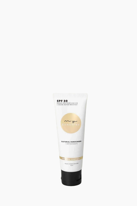 A tube of My Sunshine sun screen with SPF 30 protection, packaging is white with a yellow cap and label featuring the brand logo.