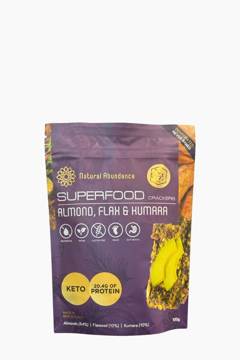 Superfood snack package with purple and yellow design on a white background