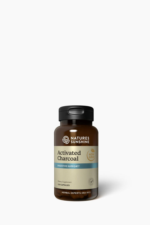 Nature's Sunshine Activated Charcoal supplement bottle on a white background