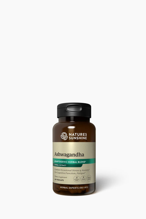 Nature's Sunshine Ashwagandha supplement bottle on a white background