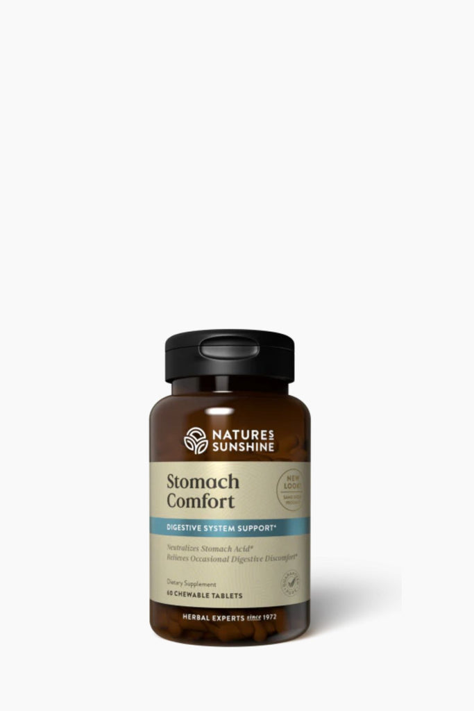 Nature's Sunshine Stomach Comfort supplement bottle on a white background