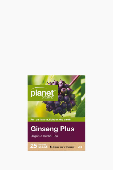 Planet Organic Ginseng Plus Herbal Tea package on a white background