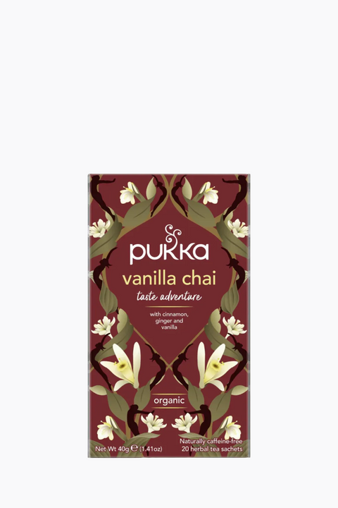Package of Pukka Vanilla Chai Tea with floral and herbal design elements on the front.