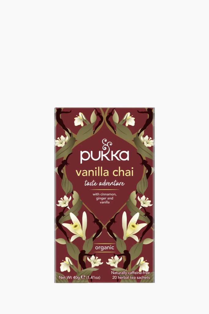 Package of Pukka Vanilla Chai Tea with floral and herbal design elements on the front.