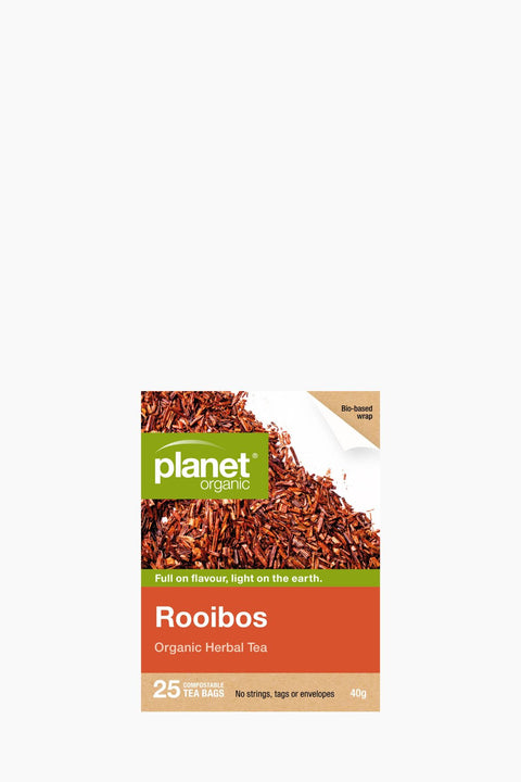Planet Organic Rooibos tea package on a white background