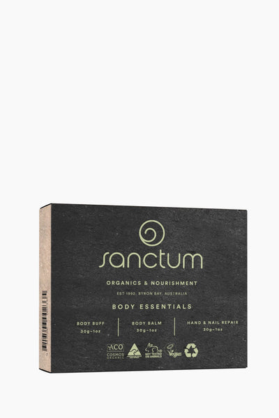 Sanctum body care product packaging on a white background