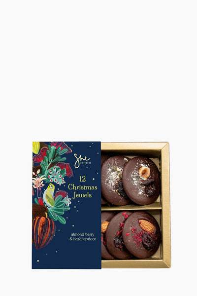 Box of 12 Christmas Jewels chocolates with a decorative box on a white background