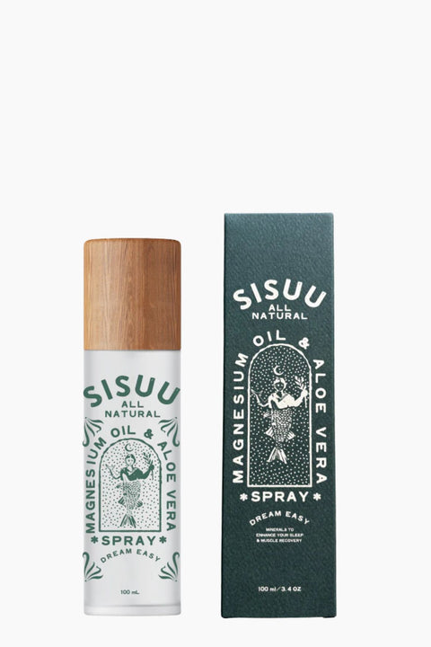 Sisuu magnesium oil spray bottle and packaging on a white background