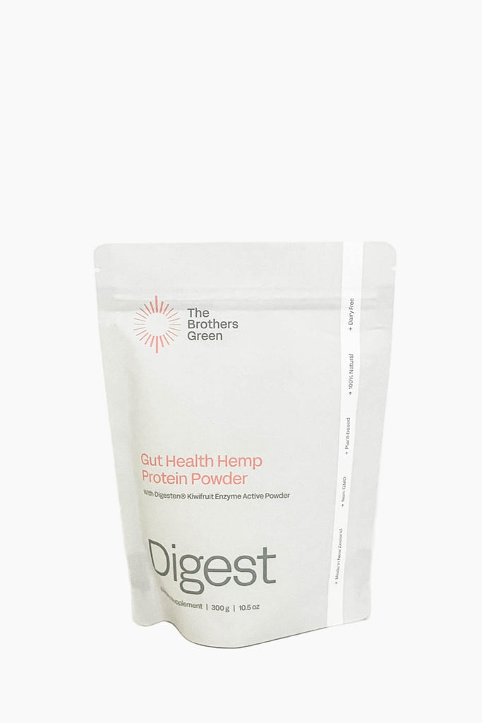 A sealed pouch of The Brothers Green Digest Protein Powder with a label showing the product name and 'Digest' which is highlighted in a different color.