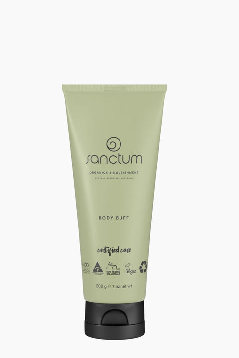 Tube of sanctum Body Buff cream on a white background