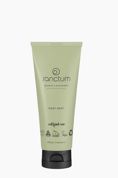 Tube of sanctum Body Buff cream on a white background