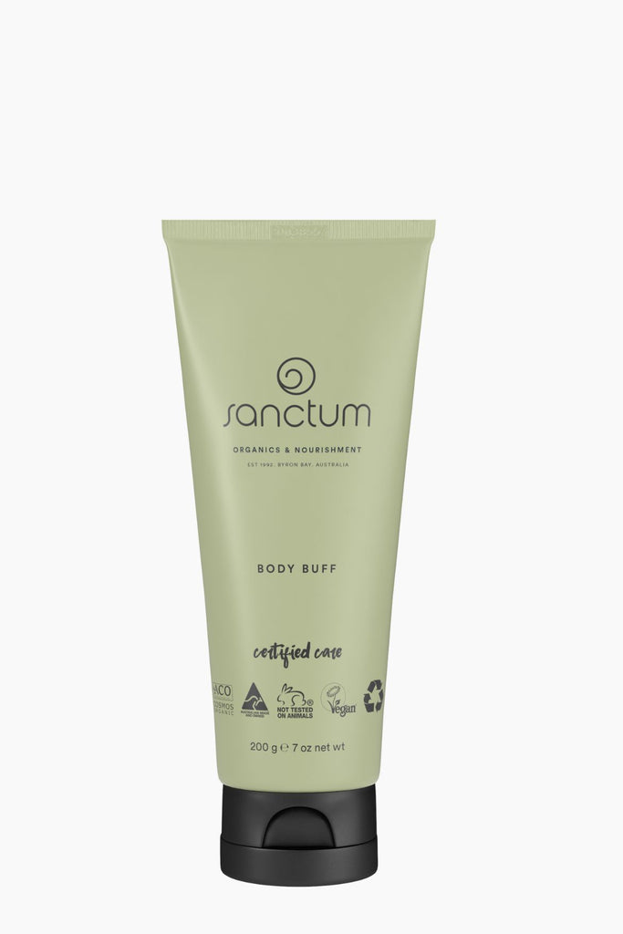 Tube of sanctum Body Buff cream on a white background