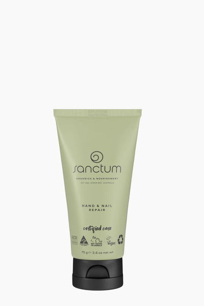 Tube of sanctum hand and nail repair cream on a white background