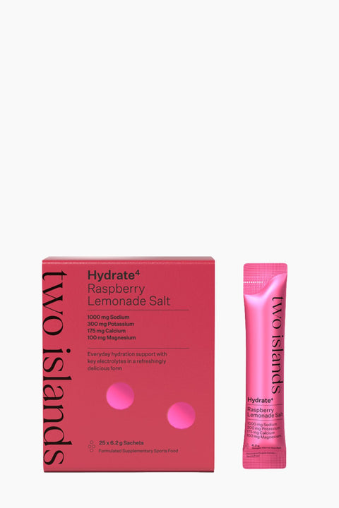 Two Islands Hydrate Raspberry Lemonade Salt packaging on a white background