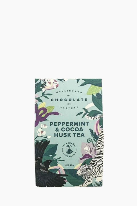 Packaging of Wellington Chocolate Factory Peppermint & Cocoa Husk Tea with a floral and zebra pattern design.