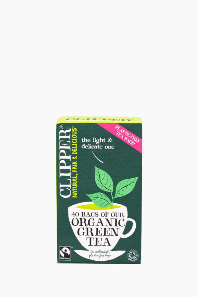 A box of Clipper Organic Green Tea with 40 bags, predominantly green in color with an image of a tea bag and leaves.