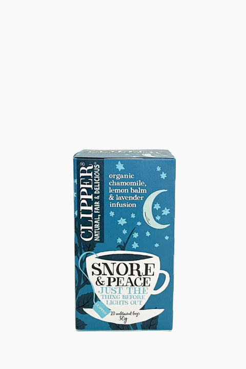 A box of Clipper Organic Snore & Peace Tea with 20 bags, featuring chamomile, lemon balm, and other herbs.