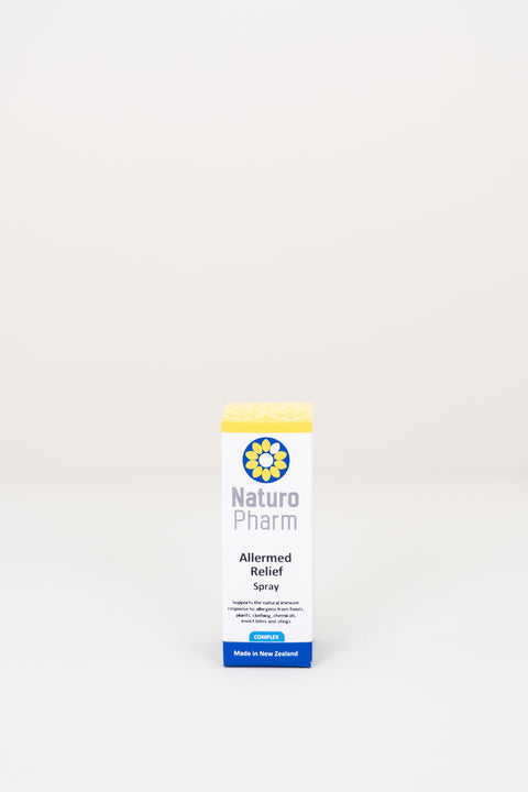 A product image of Naturo Pharm Allermed Relief Spray, showing a white bottle with a blue label on a plain background.