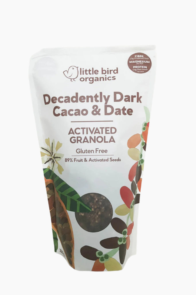 Little Bird Organics Decadently Dark Cacao & Date Activated Granola packaging on a white background