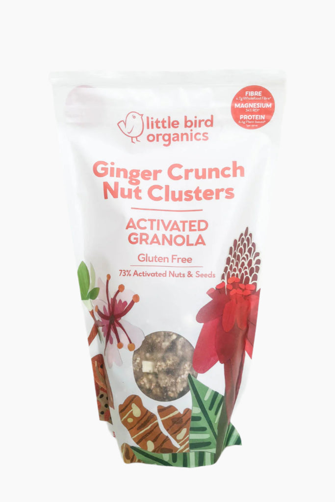 Little Bird Organics Ginger Crunch Nut Clusters Activated Granola packaging on a white background